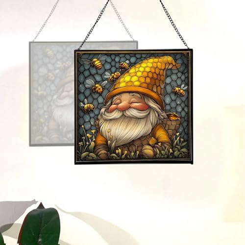 Bee Keeper Gnome Stained Glass Suncatcher – Square Hanging Window Panel for Home or Greenhouse – Whimsical Glass Art Gift for Garden Lovers, Christmas, Halloween, Father Days 1iRWQX - Image 4