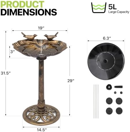 Magshion 31.5" Bird Bath with Solar Fountain for Outside, Bronze - Image 2