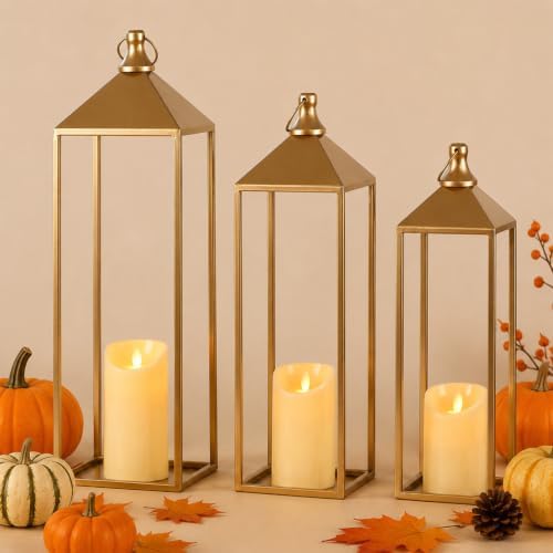 3 Pcs Large Gold Decorative Lanterns with Candles, Metal Candle Lantern by MATAHUMbeyourbetterchoice