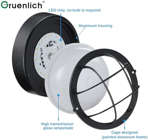 GRUENLICH LED Bulkhead Light, 8" Round Aluminum, 5000K, Black, 2 Pack - Image 4