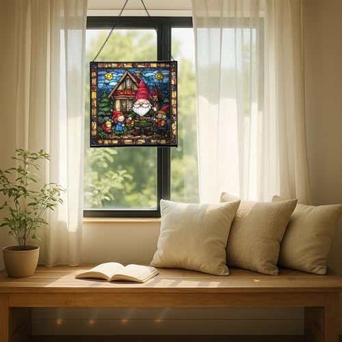 Gnome with Seasonal Celebration Stained Glass Suncatcher – Square Hanging Window Panel for Home, Garden, Nursery, Halloween, Christmas, Memorial Day – Whimsical Glass Art Gift for Gnome Lovers p7qbtj - Image 7