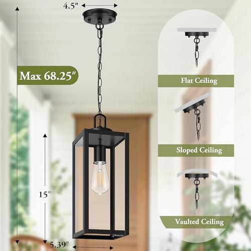 BesLowe 15” Large Outdoor Pendant Light, Modern Hanging Lantern, Black - Image 6