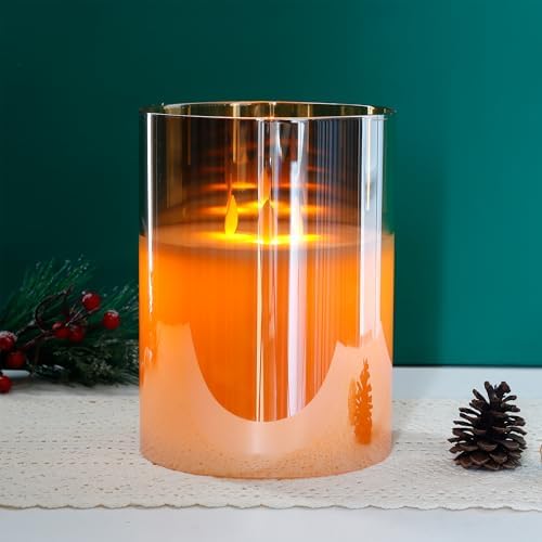 JHY DESIGN Large 3-Wick Glass Flameless Candles 8''H Battery Operated Dancing Flame Flickering LED Pillar Candles with 6-Hour Timer Real Wax Candles for Home Wedding Party Festival（Gold） - Image 4