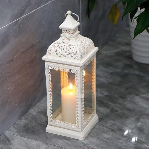 TRIROCKS Rustic Style Metal Candle Lantern 19'' High Decorative Hanging Lantern Candle Holder with Tempered Glass for Christmas Living Room Garden Yard Patio Parties Events Indoors Outdoors(Cream) - Image 3