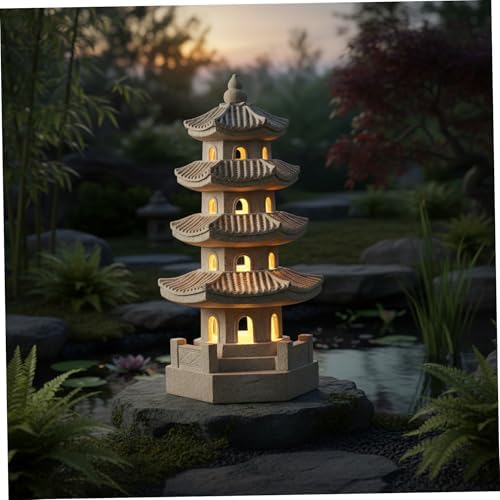 Pagoda Garden Statue Pagoda Garden Statue Solar Powered Lantern Resin Outdoor Zen Japanese Decor for Balcony, Patio, Porch 11.4x4.7x4.7 inch Khaki - Image 6