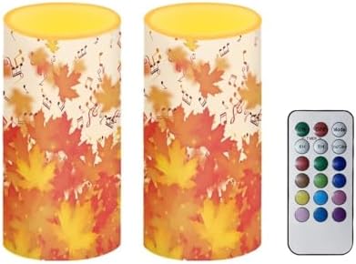 Flameless Candles with Remote Battery Operated Candles with Timer Outdoor Lanterns Thanksgiving Day Flameless Pillar Candles for Patio Porch Decoration, Fall Maple Leaves Music Notes by Merkmak