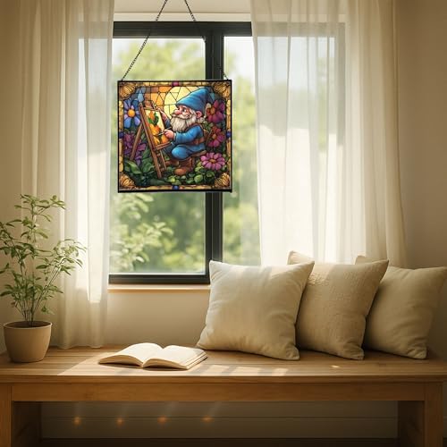 Painter Gnome at Work Stained Glass Suncatcher – Square Hanging Window Panel for Home or Greenhouse – Whimsical Glass Art Gift for Garden Lovers, Christmas, Halloween, Father Days 0m6gCB - Image 7