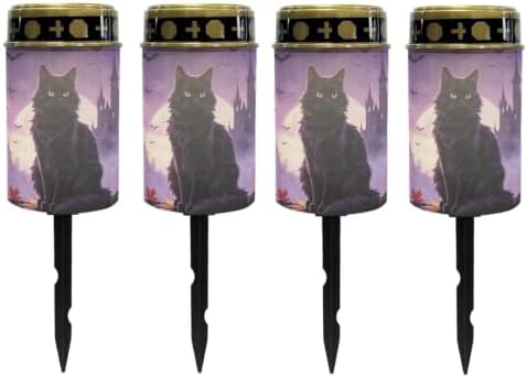 Poceacles Solar Lights Outdoor Waterproof Cemetery Solar Outdoor Candle Grave Decoration Votive Candles Blessed Lights for Loss of Loves One, Black Cat Maple Leaf Bat Print Violet, Pack of 4 by Poceacles