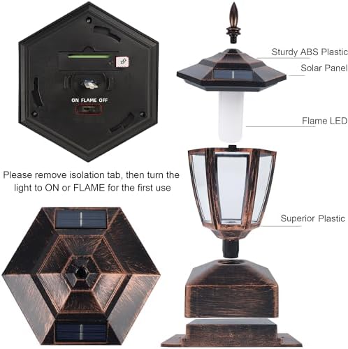 Dynaming 4 Pack Solar Flame Post Lights Outdoor, Solar Powered Lamps Fence Post Cap Lights, Flickering Flame LED Lantern Waterproof for Garden Deck Patio, Fit 4x4, 5x5 or 6x6 Wooden Posts, Bronze - Image 6