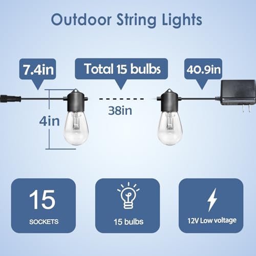 GANA 12V Low Voltage & Safe LED Outdoor String Lights,48FT 15 Shatterproof Bulbs, 2200K Warm White Pergola Lights for Your House's, Garden, Fence, Porch,Balcony,and Bistro - Image 2
