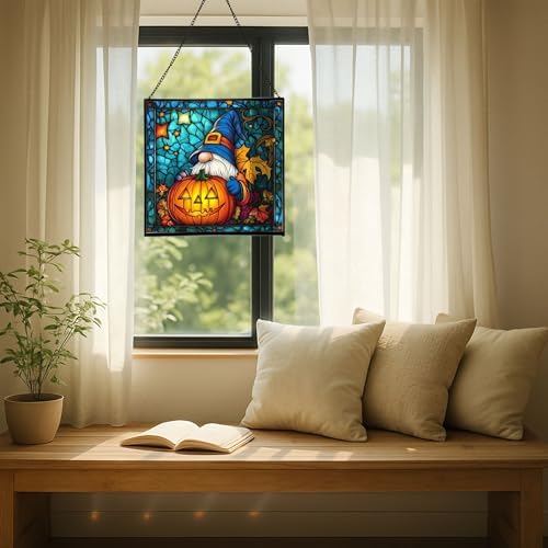 Gnome Pumpkin Lantern Stained Glass Suncatcher – Square Hanging Window Panel for Home or Greenhouse – Whimsical Glass Art Gift for Garden Lovers, Christmas, Halloween, Father Days WS2dno - Image 7