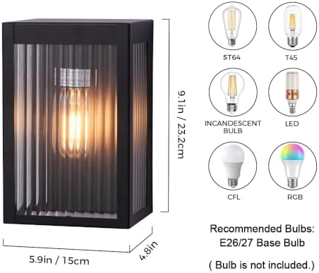 Cerdeco 9" Modern Outdoor Wall Light with Striped Tempered Glass,2 Pack - Image 5