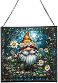 Daisy Crown Gnome Stained Glass Suncatcher – Square Hanging Window Panel for Home or Greenhouse – Whimsical Glass Art Gift for Garden Lovers, Christmas, Halloween, Father Days uoZbMI by Custom