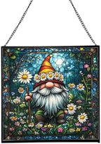 Daisy Crown Gnome Stained Glass Suncatcher – Square Hanging Window Panel for Home or Greenhouse – Whimsical Glass Art Gift for Garden Lovers, Christmas, Halloween, Father Days uoZbMI by Custom