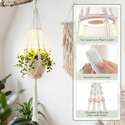 Huquary 3 Pack Macrame Hanging Plant Hanger with Grow Light,White - Image 2
