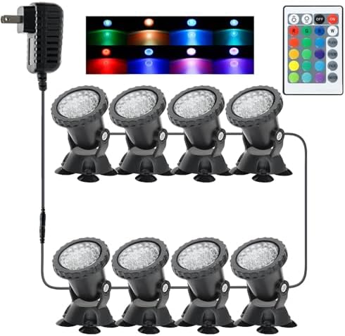 Pond Lights, Submersible Fountain Lights Underwater Colored LED Spotlight, Outdoor Landscape Spot Light RGB IP68 Waterproof Dimmable for Pond Fountain Waterfall (8 Lights) by GZKANFUL