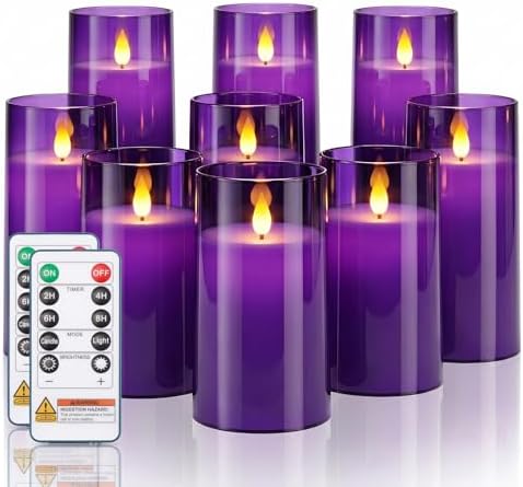 Homemory Purple Flickering Flameless Candles, Battery Operated Acrylic LED Pillar Candles with Remote Control and Timer, Purple Decor, Set of 9 by Homemory