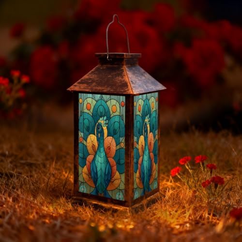 Solar Lantern Colorful Peacock Stained Glass Outdoor Waterproof Garden Hanging Lantern Solar Powered Lighting Outside Solar Light for Patio Yard Camping, Gifts for Women Mom by Unknown