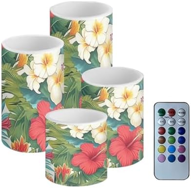 Flameless Candles with Remote Tropical Floral Leaves Battery Operated Candles with Timer Pack of 4 LED Pillar Tea Lights for Coastal Home Hotel Restaurant Decorations by Merkmak