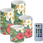 Flameless Candles with Remote Tropical Floral Leaves Battery Operated Candles with Timer Pack of 4 LED Pillar Tea Lights for Coastal Home Hotel Restaurant Decorations by Merkmak