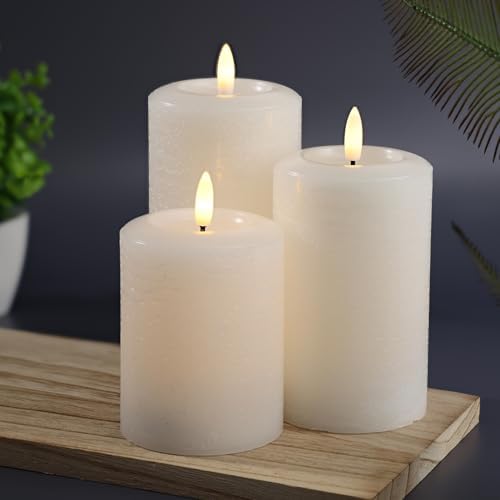 LumiPur Essentials Natural Glow Flameless Flickering Wax Pillar 3 Pack LED Candles (3" x 4" 5" & 6") Winter White by LumiPur
