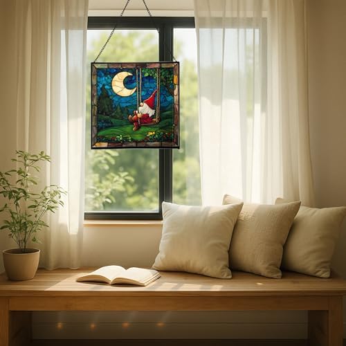 Moon Swinging Gnome Stained Glass Suncatcher – Square Hanging Window Panel for Home or Greenhouse – Whimsical Glass Art Gift for Garden Lovers, Christmas, Halloween, Father Days ngKsmH - Image 7