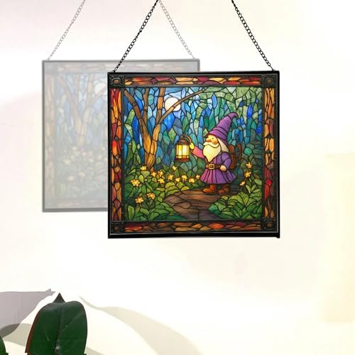 Gnome with Lantern Stained Glass Suncatcher – Square Hanging Window Panel for Home, Garden, Nursery, Halloween, Christmas, Memorial Day – Whimsical Glass Art Gift for Gnome Lovers k7q0lr - Image 4