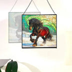 Black Icelandic Horse Climbing Snowy Slope Square Suncatcher – Stained Glass Style Window Panel with Pastoral Scene, Custom Decorative Hanging Art for Equestrian Home, Christmas Rzvlwy - Image 4