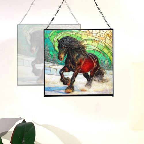 Black Icelandic Horse Climbing Snowy Slope Square Suncatcher – Stained Glass Style Window Panel with Pastoral Scene, Custom Decorative Hanging Art for Equestrian Home, Christmas Rzvlwy - Image 4