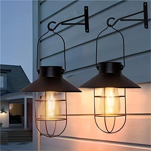 pearlstar Solar Lanterns Outdoor Metal Solar Powered Hanging Lights Waterproof for Wall Barn Yard Garden Patio Garage Balcony Porch Fence Decor, Warm White Edison Bulb (Black-2pack) by pearlstar