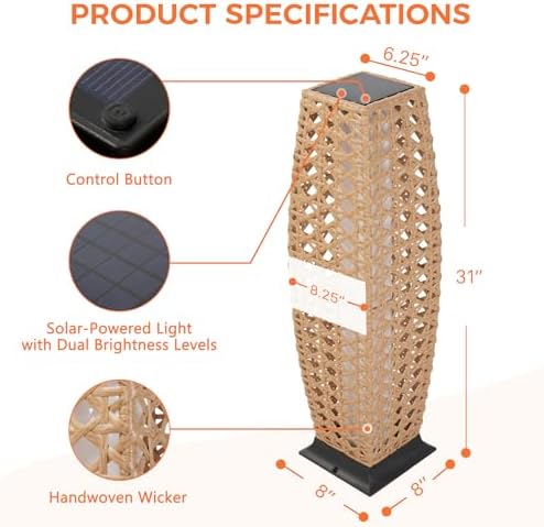 Grand patio Outdoor Floor Lamp Solar Lantern, Water-Resistant Natural Wicker Boho Patio Light with 50/100 Lumens Dual Brightness & Memory Mode for Garden Porch Deck Decor, Large Diamond Natural - Image 6