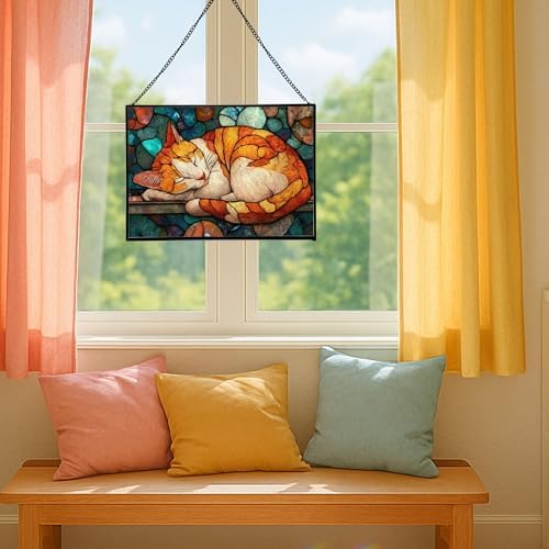 Sleeping Cat Curled in Window Light Rectangular Stained Glass Suncatcher – Hanging Window Panel with Animal & Nature Scene – Vibrant Glass Art Gift for Wildlife, Fantasy, Nature Lovers ZqhdE1 - Image 5