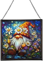 Daisy Crown Gnome Stained Glass Suncatcher – Square Hanging Window Panel for Home or Greenhouse – Whimsical Glass Art Gift for Garden Lovers, Christmas, Halloween, Father Days jgOO6e by Custom