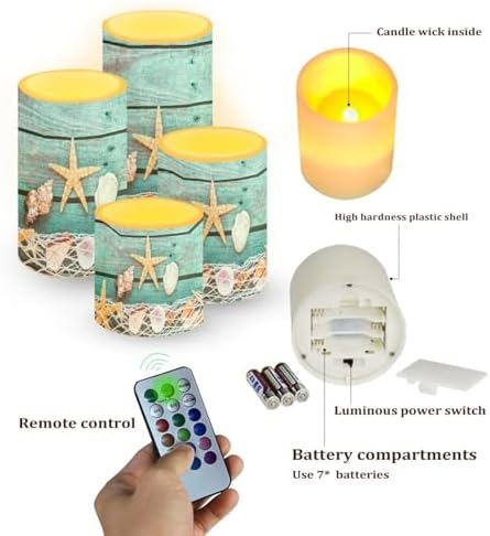 Flameless Light Candles Battery Operated Candles with Color Changing Timer Remote Control Fake Pillar Candle Tealights Home Indoor Beach Coastal Decoration, Starfish Shell Wood Grain - Image 3