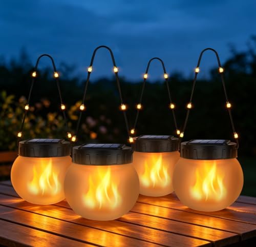 Solar Lights Outdoor Hanging Lantern with Glass Globe, Flame Effect 4-Pack by KIALUSH