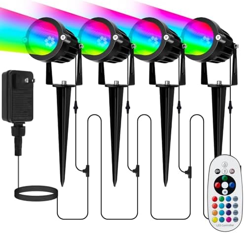 Spotlight Outdoor for Halloween Christmas: 4-in-1 RGBW Low Voltage Landscape Lighting Kit with Plug-in Transformer | 6W 24V IP65 Waterproof Color Changing LED Spot Lights with Remote for Yard Garden by Elenora