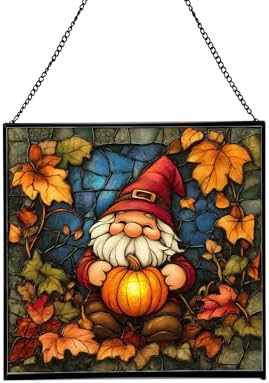 Gnome in Pumpkin Patch Stained Glass Suncatcher – Square Hanging Window Panel for Home or Greenhouse – Whimsical Glass Art Gift for Garden Lovers, Christmas, Halloween, Father Days o4PlUz by Custom