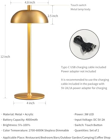 12" Cordless Table Lamps Set of 2, Gold Modern Portable Desk Lamp - Image 5