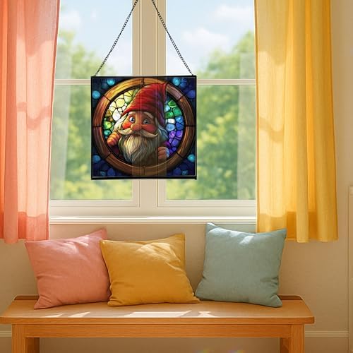 Stained-Glass Window Gnome Stained Glass Suncatcher – Square Hanging Window Panel for Home or Greenhouse – Whimsical Glass Art Gift for Garden Lovers, Christmas, Halloween, Father Days f4NVcT - Image 5