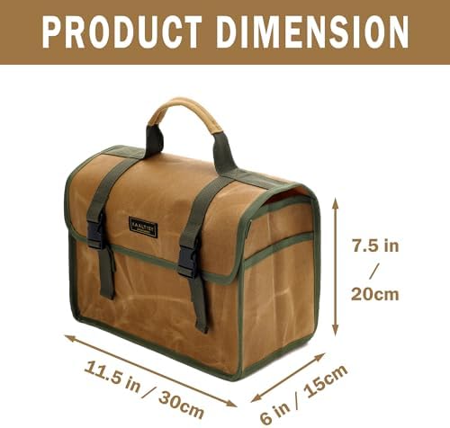 Tool Bag, Heavy Duty 16oz Waxed Canvas Tool Carrier, Multi-Purpose Tote Bag with 1 Large Capacity & 2 Side Pockets, Portable Tool Storage for Wrenches Chisels Scissors Hammer - Khaki - Image 2