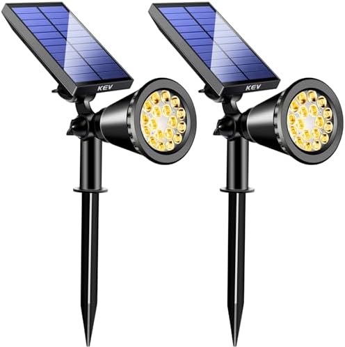 KEV 800 Lumens Solar Spot Lights Outdoor,18 LEDs Solar Flood Lights with 2 Modes &Adjustable &IPX65 Waterproof,Solar Spotlight for Driveway/Backyard/Patio Landscape/Tree/Garage(Warm White,2 Pack) by KEV