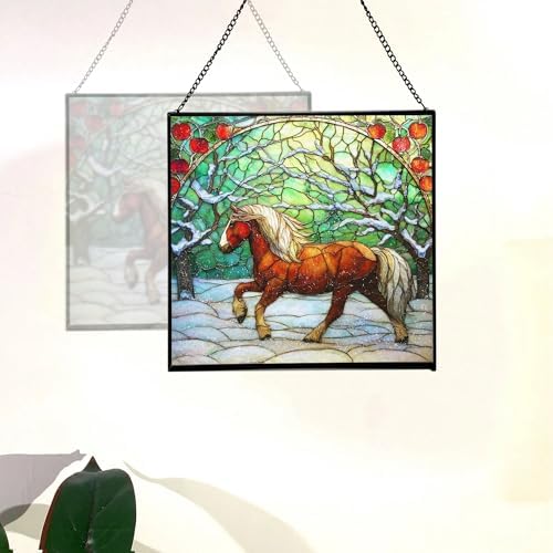 Brown White Icelandic Horse cantering through winter orchard Square Suncatcher–Stained Glass Style Window Panel with Pastoral Scene, Custom Decorative Hanging Art for Equestrian Home, Christmas CamhTa - Image 4