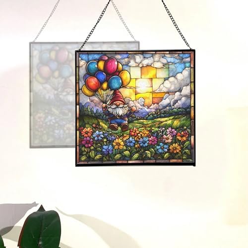Gnome Balloon Festival Stained Glass Suncatcher – Square Hanging Window Panel for Home or Greenhouse – Whimsical Glass Art Gift for Garden Lovers, Christmas, Halloween, Father Days ifExoe - Image 4