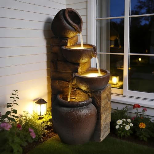 Outdoor Water Fountain with Lights 4 Tier Cascading Pot Waterfall Resin Garden Fountain for Patio Yard Porch Landscape - Image 4
