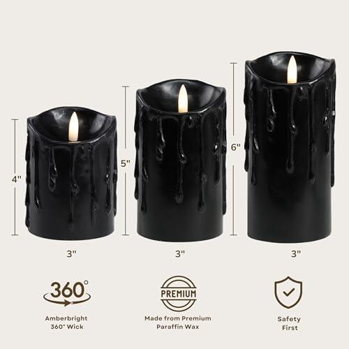 LumiPur Essentials Natural Glow Flameless Flickering Wax Drip Pillar 3 Pack LED Candles (3" x 4" 5" & 6") Black - Image 2