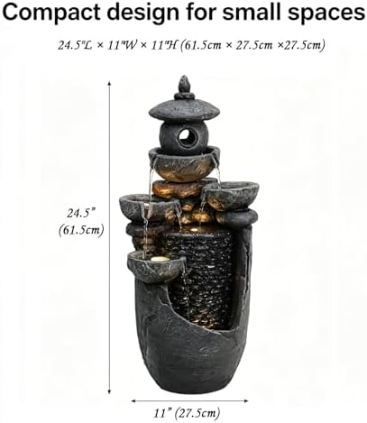 Tankana Zen Tiered Rock Water Fountain Outdoor, Stone Look Cascading Indoor Waterfall Fountains with Built-in Warm LED Lights, Japanese Tabletop Fountain for Patio Balcony Yard Meditation Decor - Image 6