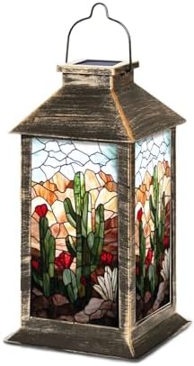 Solar Lantern Vivid Stained Glass Western Scene Mountains Outdoor Waterproof Garden Hanging Lantern Solar Powered Lighting Outside Table Lamp for Patio Deck Camping 1 Pack by Unknown