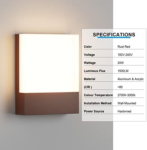 Outdoor Square Led Wall Light,Hardwired,24W 3000K,1-Pack,Rust Red - Image 3