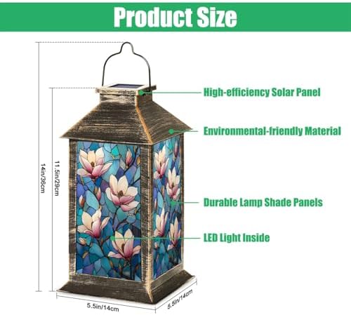 Solar Lantern Magnolia Flowers Stained Glass Style Blue Mosaic Outdoor Waterproof Hanging Solar Light Outside Lights for Patio Yard House Lawn Decor Birthday Gifts for Women Mom - Image 2