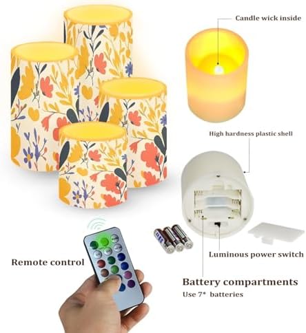 Stylish Floral Leaves Flameless Candles with Timer Remote Battery Operated Flameless Candles for Home Party Decorations Pillar LED lIights Set of 4 - Image 2